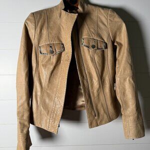 ETCETERA Leather Jacket- Sz 2 Tan with Snakeskin Look Trim, Deco Stitching,...